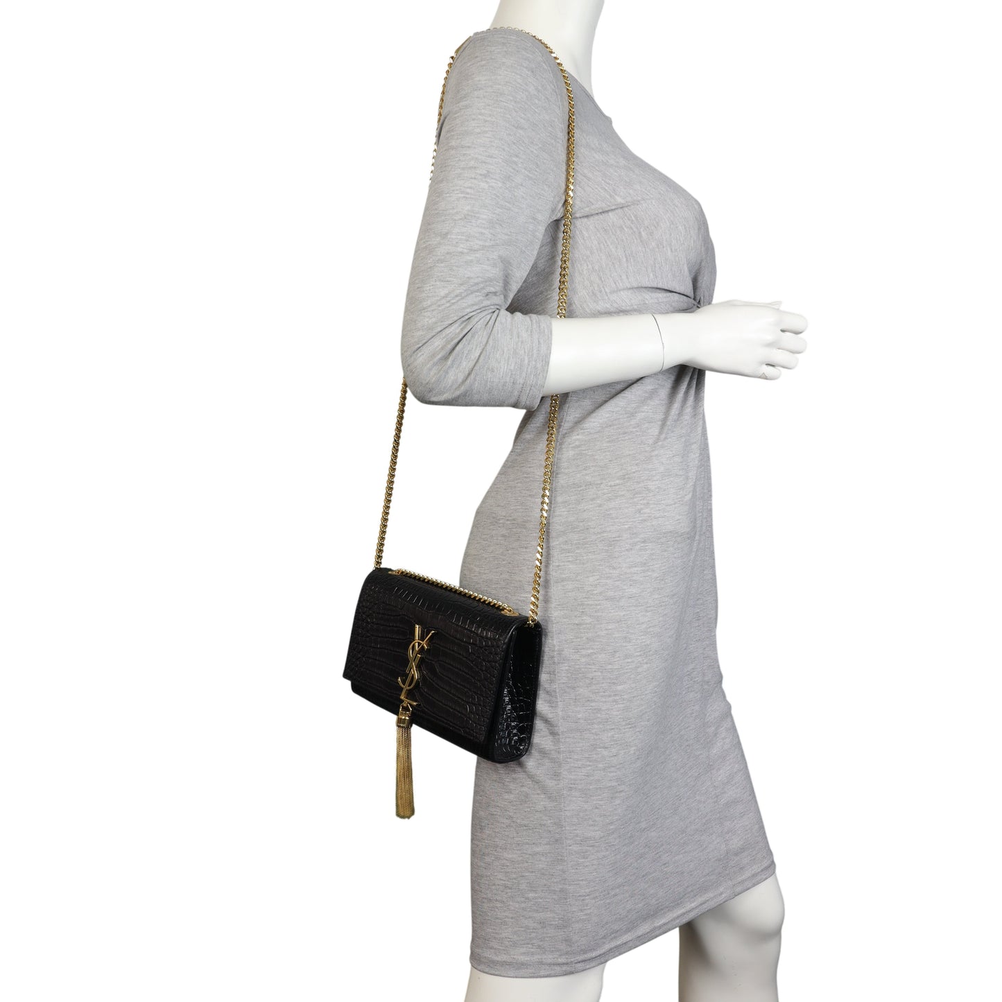 Saint Laurent Kate Tassel Chain Bag Small Croc-Embossed