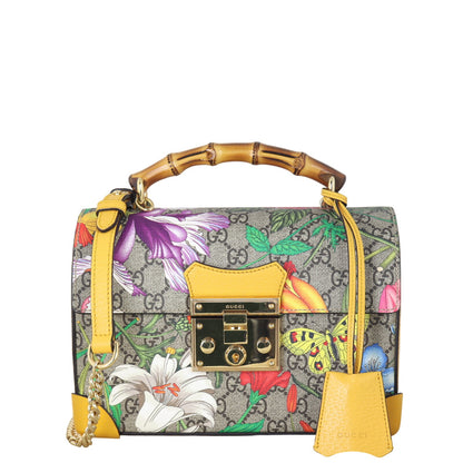 Gucci GG Supreme Flora Padlock Bamboo Handle Small Shoulder Bag